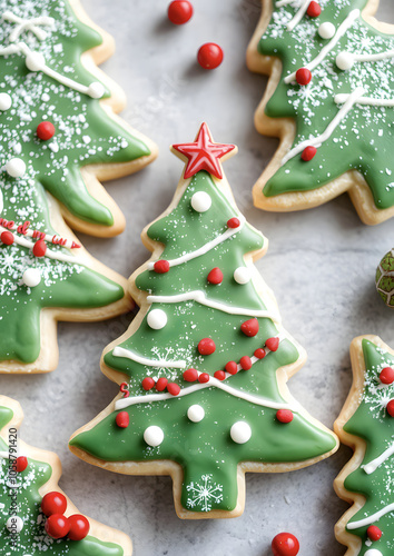 Decorative cookies in the form of a green Christmas tree with festive decorations.