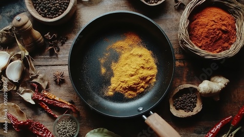 Fototapeta Naklejka Na Ścianę i Meble -  Empty frypan surrounded by aromatic spices arranged on a kitchen table. The frypan and spices create an inviting culinary scene with ample photo space for design elements.
