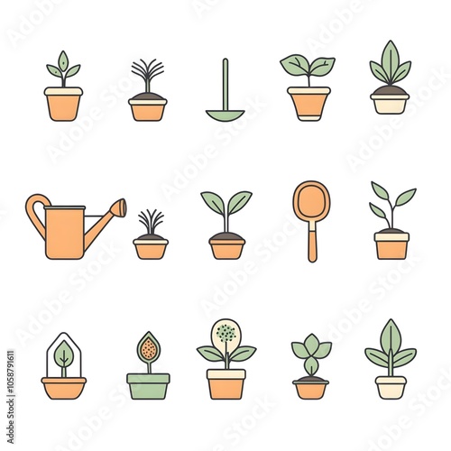 A Natural Collection of Gardening Icons with Earthy Minimalist Visuals for Botanical Cultivation and Sustainability Concepts