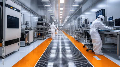 Interior of a cleanroom in a semiconductor manufacturing facility with technicians in protective suits working at computer stations and overseeing equipment.
