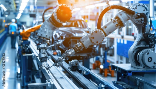 Industrial Robots Working on an Assembly Line