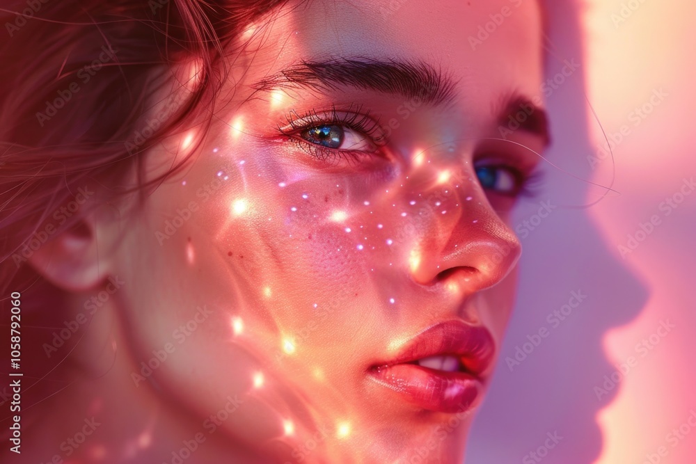 Close-up of a woman's face with glitter makeup, suitable for use in beauty or fashion contexts Close-up of a woman's face with glitter makeup, suitable for use in beauty or fashion contexts