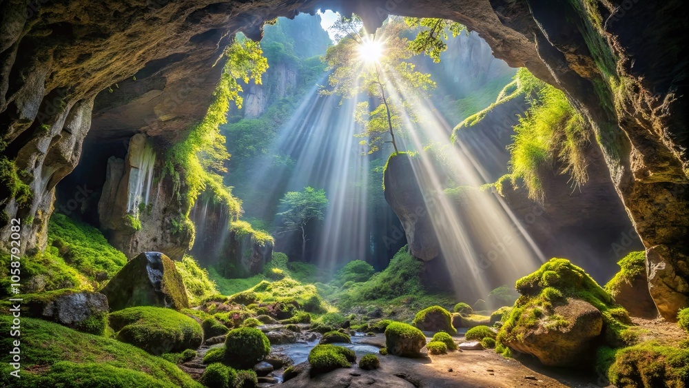 Sunbeams illuminate a hidden grotto, a verdant paradise within the earth, where mossy stones and a trickling stream create a tranquil sanctuary. Sunbeams illuminate a hidden grotto, a verdant paradise within the earth, where mossy stones and a trickling stream create a tranquil sanctuary.
