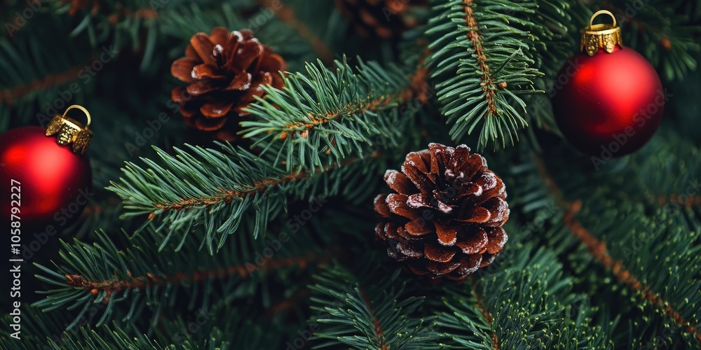 Branches of a Christmas tree are decorated with vibrant red baubles and natural pine cones for a festive and holiday inspired look. Branches of a Christmas tree are decorated with vibrant red baubles and natural pine cones for a festive and holiday inspired look.