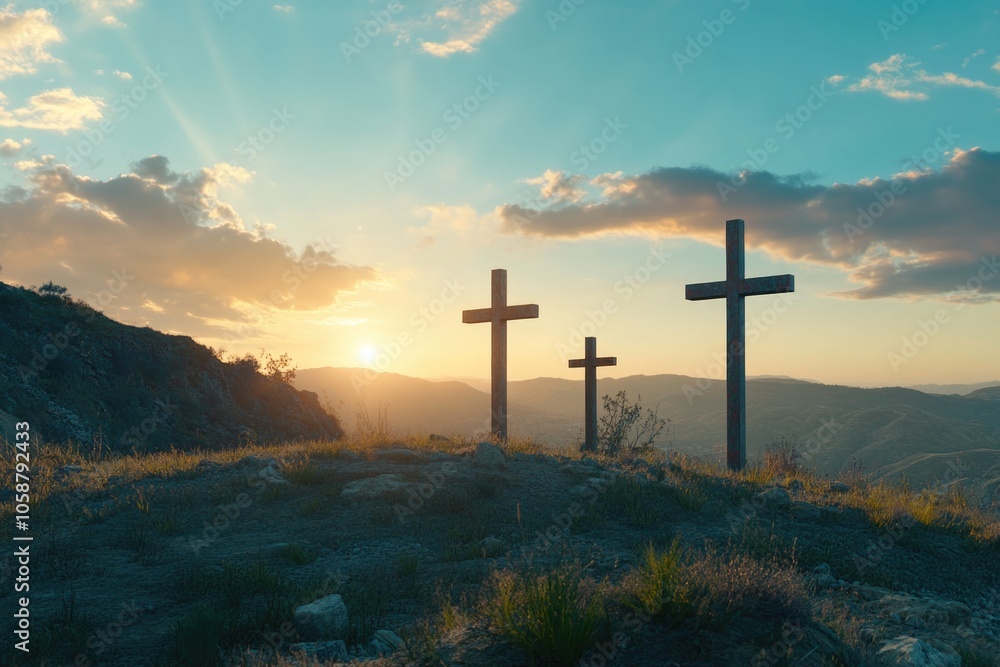 A scene of three crosses standing on a hill as the sun sets behind them, with a beautiful sky and landscape A scene of three crosses standing on a hill as the sun sets behind them, with a beautiful sky and landscape