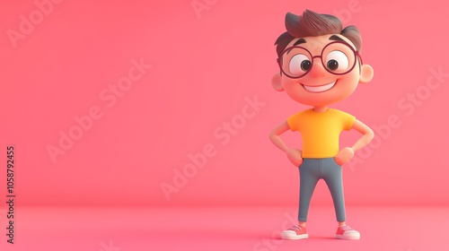 Smiling Cartoon Boy with Glasses Standing on Pink Background