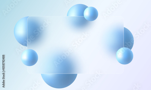 Glass morphism website landing page template. Frosted glass partition with floating blue spheres.