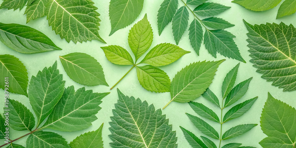 A Vibrant Collection of Green Leaves Arranged in a Symmetrical Pattern on a Light Green Background A Vibrant Collection of Green Leaves Arranged in a Symmetrical Pattern on a Light Green Background