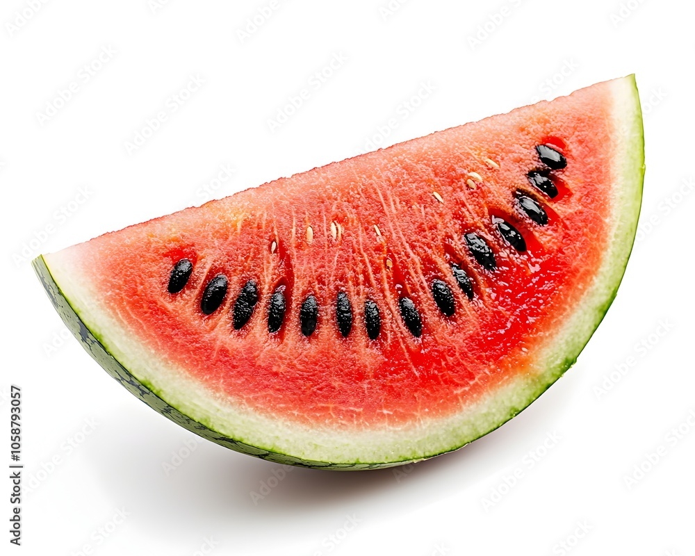 Juicy Watermelon Slice with Black Seeds on Clean White Background Juicy Watermelon Slice with Black Seeds on Clean White Background