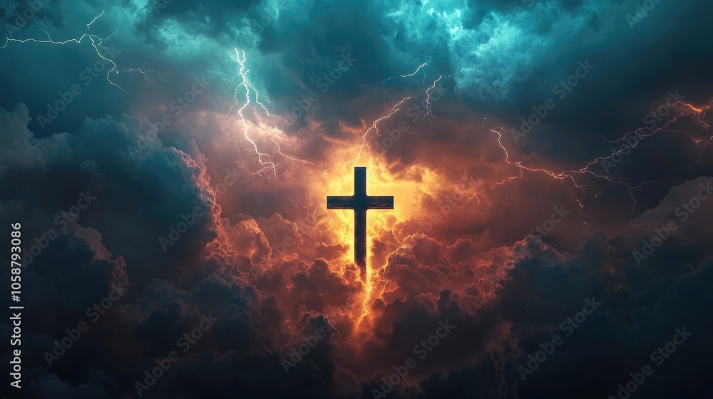 Dramatic Cross Glowing Amidst Lightning in a Turbulent Sky Dramatic Cross Glowing Amidst Lightning in a Turbulent Sky