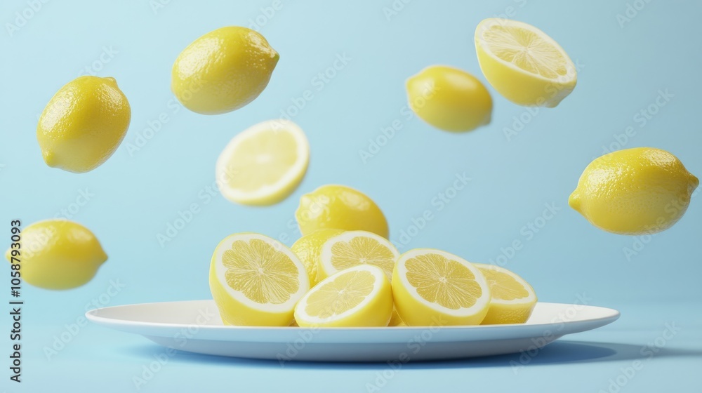 Yellow whole and sliced lemons float above a plate in an isometric view showcasing a minimal still life design with fresh and vibrant color themes Yellow whole and sliced lemons float above a plate in an isometric view showcasing a minimal still life design with fresh and vibrant color themes