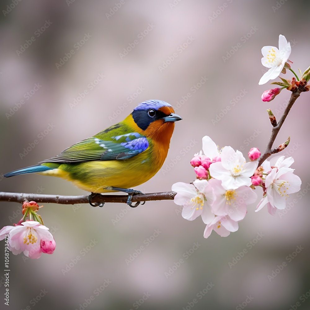 Vibrant bird perched on a flowering branch in soft focus Vibrant bird perched on a flowering branch in soft focus