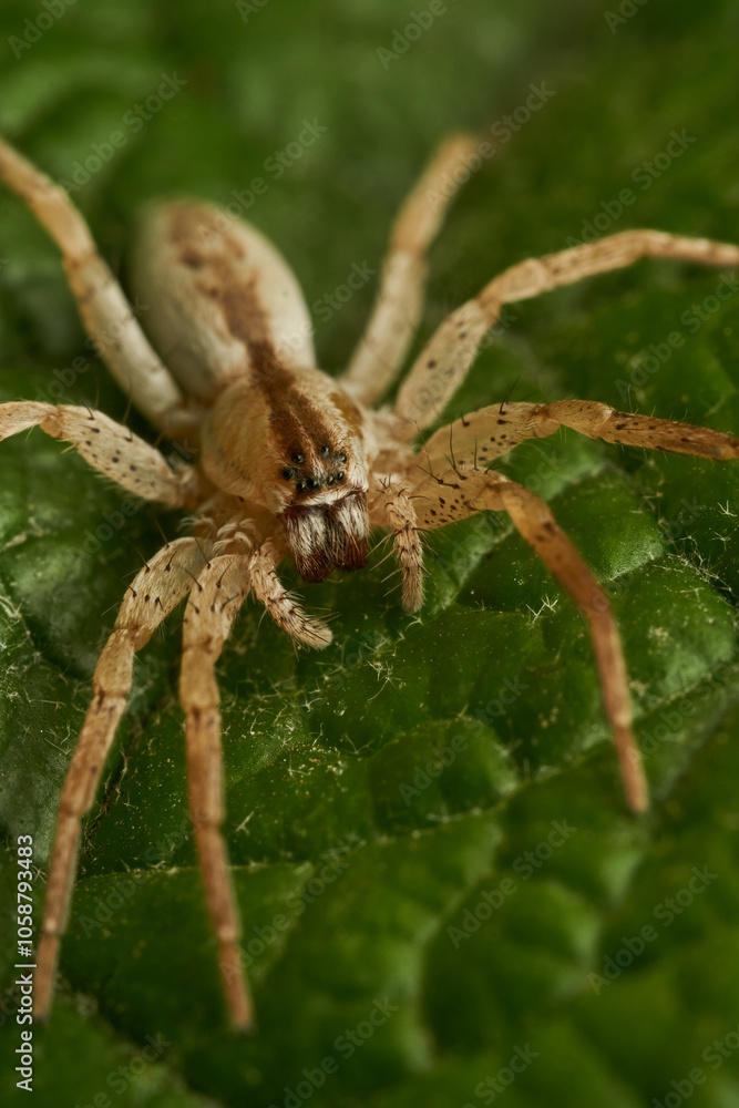 A white spider perched on a green leaf A white spider perched on a green leaf