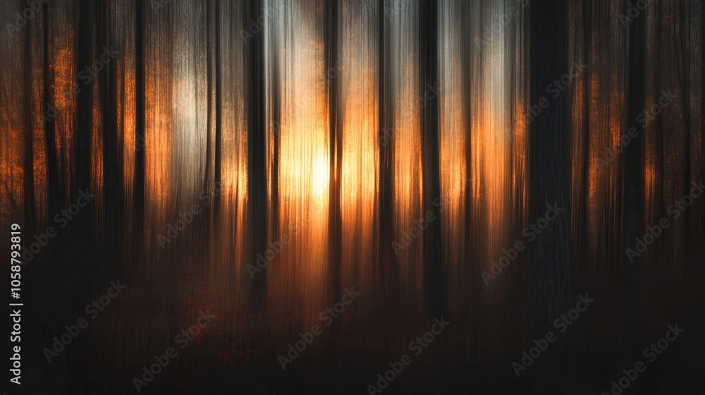 Abstract image capturing a dense forest bathed in warm sunlight during sunset. The dense forest creates a serene atmosphere, with ample copy space for creative use. Abstract image capturing a dense forest bathed in warm sunlight during sunset. The dense forest creates a serene atmosphere, with ample copy space for creative use.