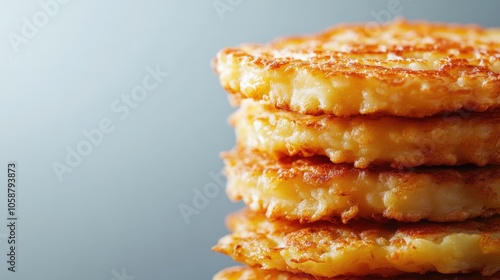 Crispy hashbrown potato pancakes, capturing the delightful texture and golden hue of pancakes, with ample copy space for customization and branding needs. Perfect for food imagery.