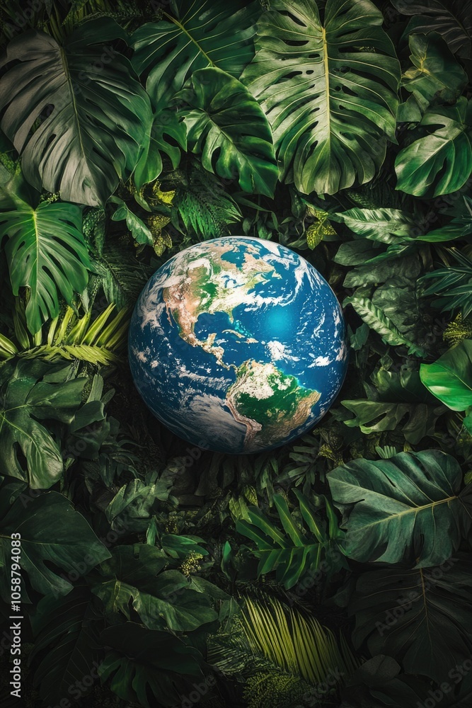 A close-up of the Earth surrounded by lush green leaves, perfect for environmental and nature-themed designs A close-up of the Earth surrounded by lush green leaves, perfect for environmental and nature-themed designs