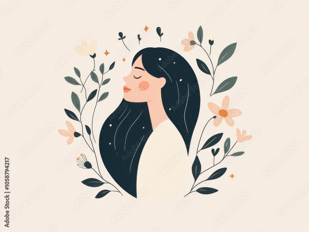 Serene woman in floral frame with peaceful expression and botanical design Serene woman in floral frame with peaceful expression and botanical design