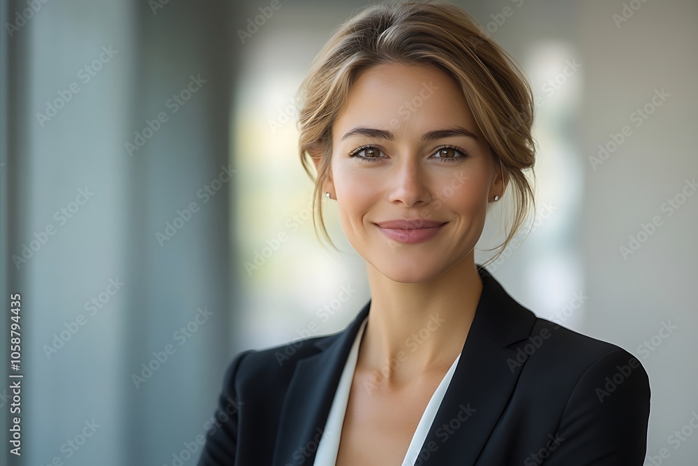 Professional Woman in Black Suit with Friendly Smile Professional Woman in Black Suit with Friendly Smile