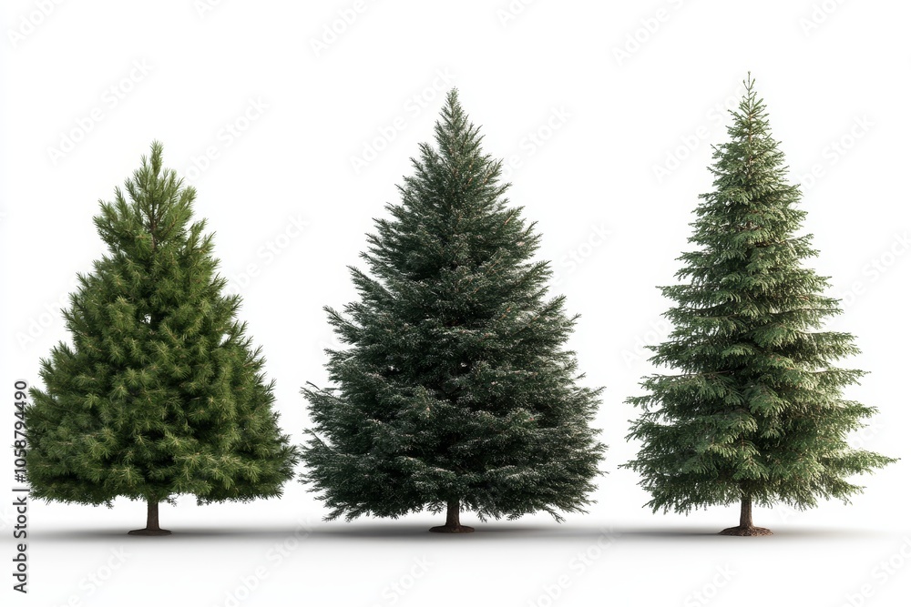Obraz premium Natural Elegance: A Trio of Evergreen Trees Displaying Varied Heights and Rich Textures Amidst a Bright, Minimalist Background