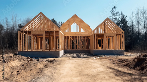Wallpaper Mural Wooden house frame under construction on a clear day with surrounding trees and dirt ground Torontodigital.ca