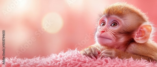  A tight shot of a monkey atop a pink blanket, background softly blurred, foreground highlighted by bokeh'd light
