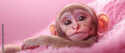  A monkey in a close-up, resting on a pink blanket with its head atop it