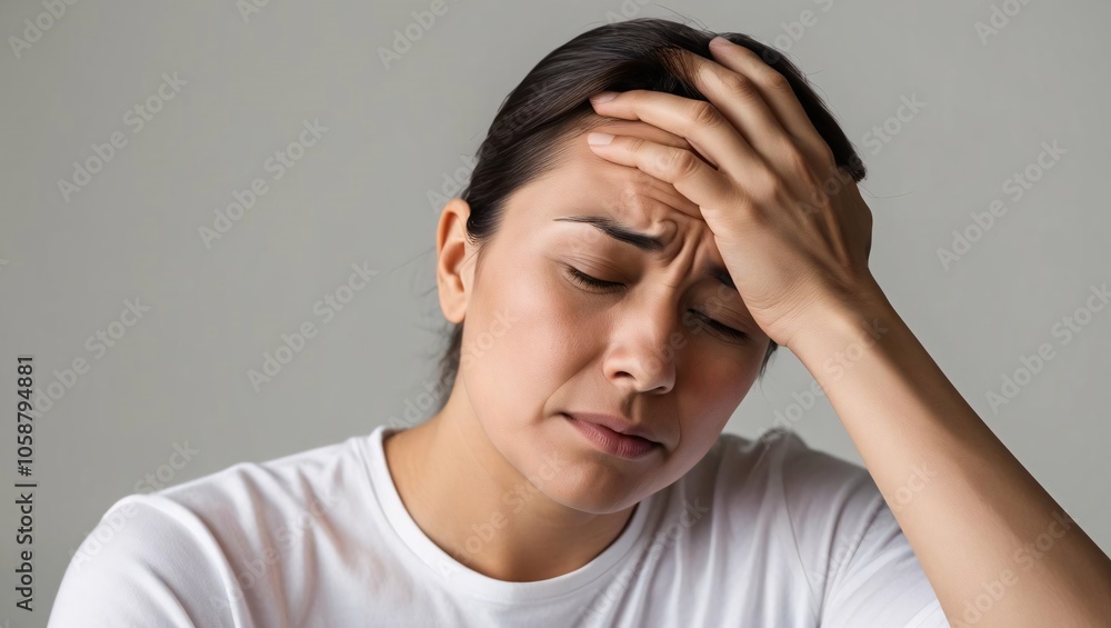 A woman looks distressed, holding her head in her hand, conveying emotions of stress and discomfort. A woman looks distressed, holding her head in her hand, conveying emotions of stress and discomfort.