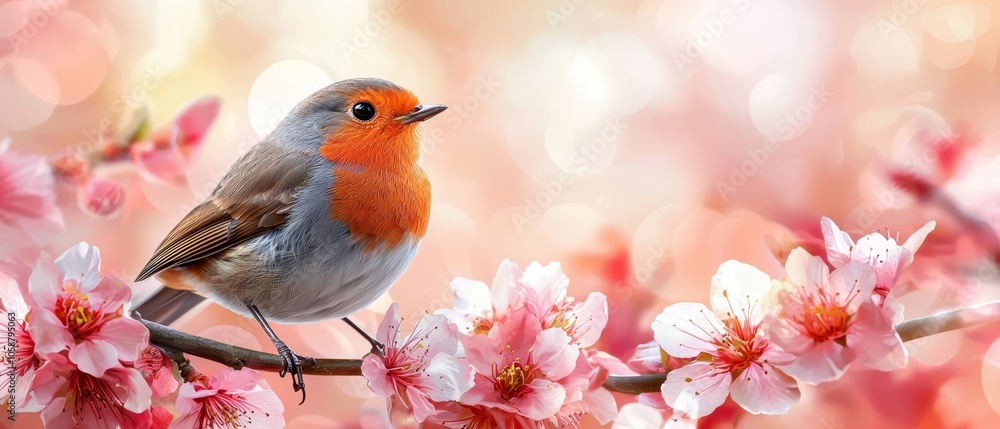 A small bird perches on a tree branch, surrounded by pink flowers in the foreground The background softly blurs with a haze of light A small bird perches on a tree branch, surrounded by pink flowers in the foreground The background softly blurs with a haze of light