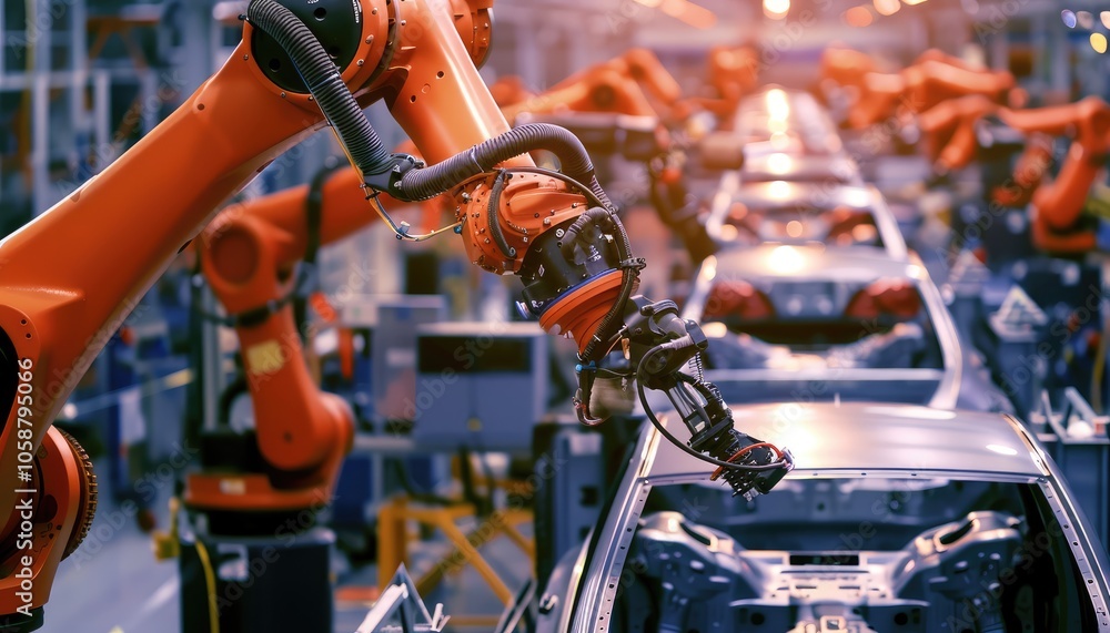Robotic Arm Assembling a Car in a Factory Robotic Arm Assembling a Car in a Factory