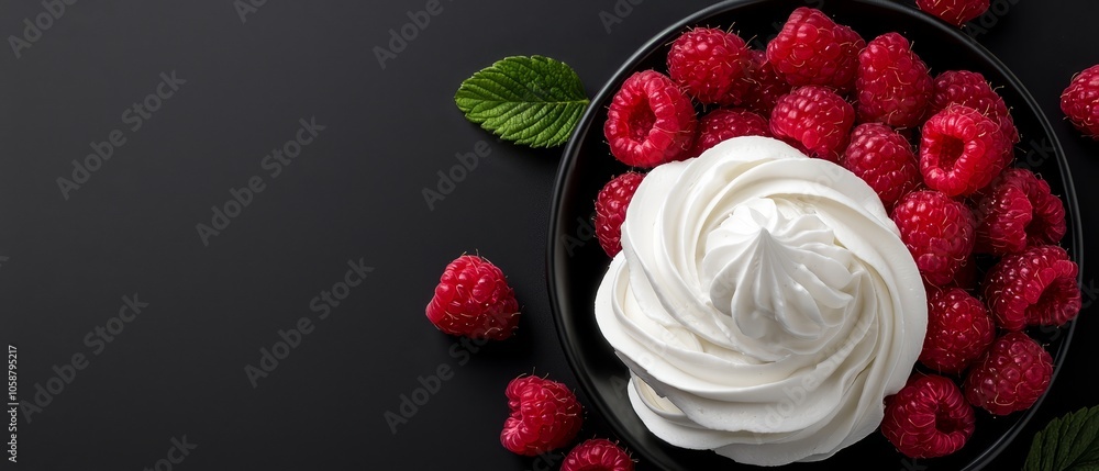 A bowl brimming with whipped cream rests against a stark black background Raspberries dot the edge, and mint leaves casually drape over, adding a pop of green A bowl brimming with whipped cream rests against a stark black background Raspberries dot the edge, and mint leaves casually drape over, adding a pop of green