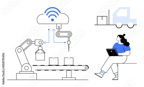 Robotic arm assembling products on conveyor belt linked to cloud, truck for logistics. Woman monitors with laptop. Ideal for industrial automation, smart factories, IoT, logistics, supply chain