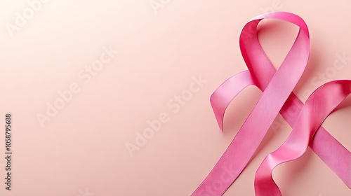 Breast cancer awareness month banner featuring a pink ribbon design, emphasizing the importance of breast cancer awareness. The banner includes ample copy space for messaging. photo