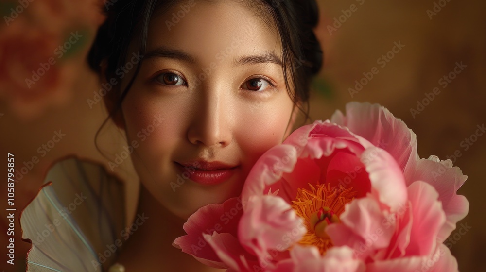 A woman covers her face with a pink flower, a symbol of innocence and modesty A woman covers her face with a pink flower, a symbol of innocence and modesty