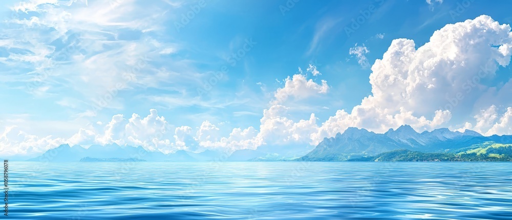 A vast expanse of water, dotted with a distant mountain backdrop Sky above painted blue, adorned with billowing white clouds A vast expanse of water, dotted with a distant mountain backdrop Sky above painted blue, adorned with billowing white clouds