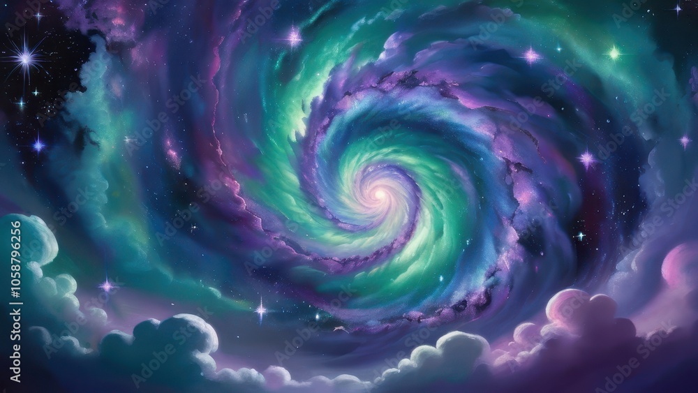 A mesmerizing swirl of purple and green cosmic clouds and stars, creating an enchanting galaxy scene that evokes a sense of wonder and exploration A mesmerizing swirl of purple and green cosmic clouds and stars, creating an enchanting galaxy scene that evokes a sense of wonder and exploration