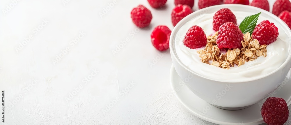 A pristine white table hosts a bowl of yogurt adorned with vibrant raspberries and crunchy granola A pristine white table hosts a bowl of yogurt adorned with vibrant raspberries and crunchy granola