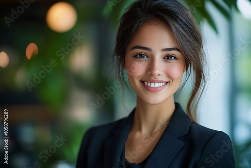 Smiling Brunette Woman in Office Setting - Headshot with Natural Light