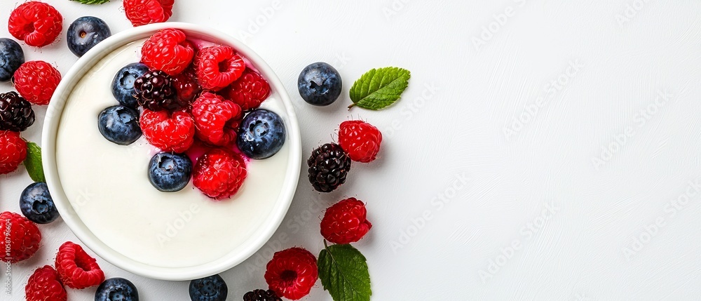 BERRIES in a bowl on a white surface Mint LEAVES beside BERRIES in a bowl on a white surface Mint LEAVES beside