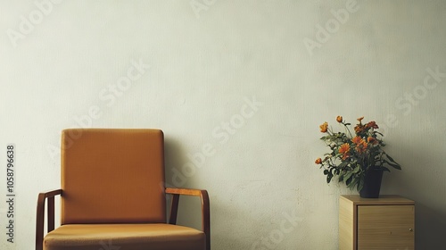 A minimalist brown chair and simple chintz sofa create a stylish skit, highlighting the beauty of the flower effect and light wooden box. Perfect for modern decor with ample copy space.