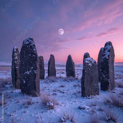 Snow-covered standing stones under full moon and pink sky