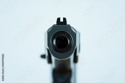 A close-up shot of a gun placed on a white surface, suitable for use in editorial or commercial contexts