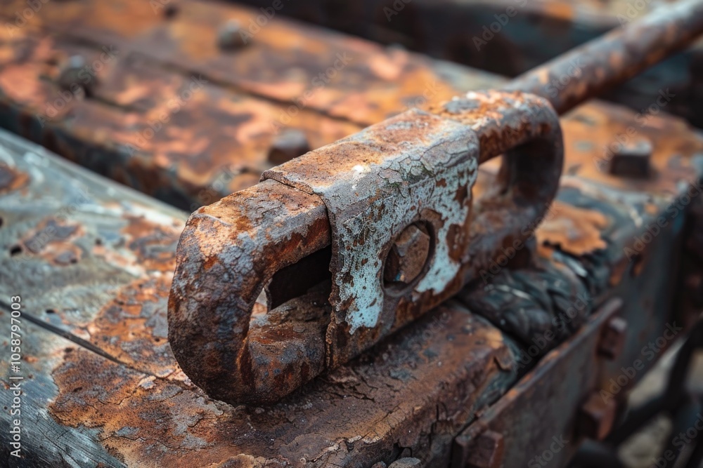 A rusty old metal object sits atop a wooden plank, with a simple and worn surface A rusty old metal object sits atop a wooden plank, with a simple and worn surface