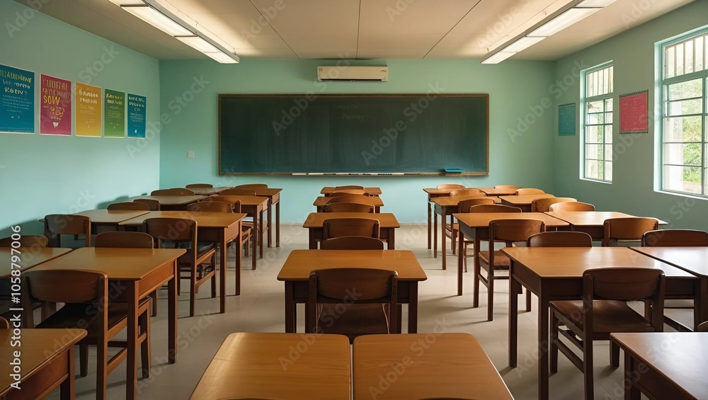 Ai generate empty classroom atmosphere, no students, calm atmosphere, clean classroom, neatly arranged tables and chairs, clean blackboard Ai generate empty classroom atmosphere, no students, calm atmosphere, clean classroom, neatly arranged tables and chairs, clean blackboard