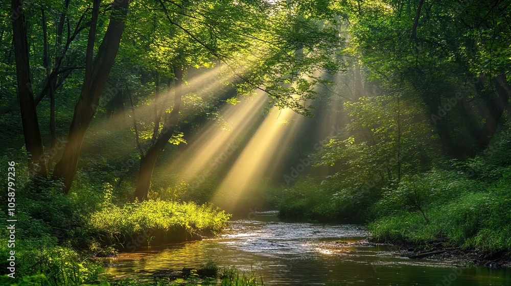 Obraz premium An ancient forest with towering trees, dappled sunlight filtering through the leaves, and a winding river flowing through the underbrush