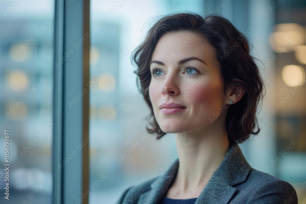 A woman in a professional attire looks out the window, possibly contemplating her next move A woman in a professional attire looks out the window, possibly contemplating her next move