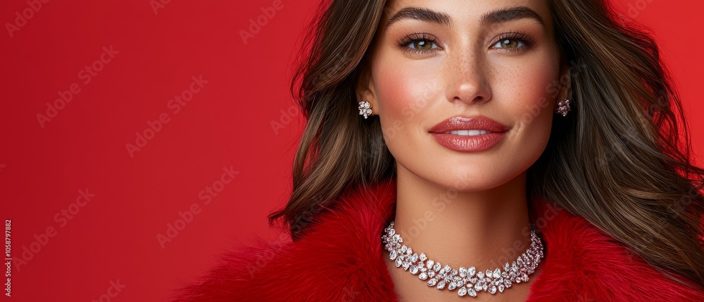 Fototapeta premium A woman in a red fur coat is closely photographed, accessorized with a necklace featuring a diamond choker