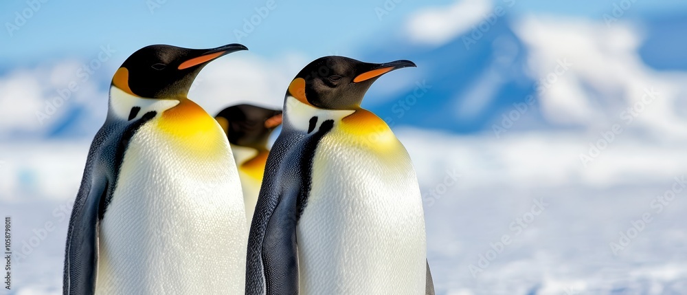 Fototapeta premium Two penguins standing together on a snow-covered ground before a towering mountain backdrop