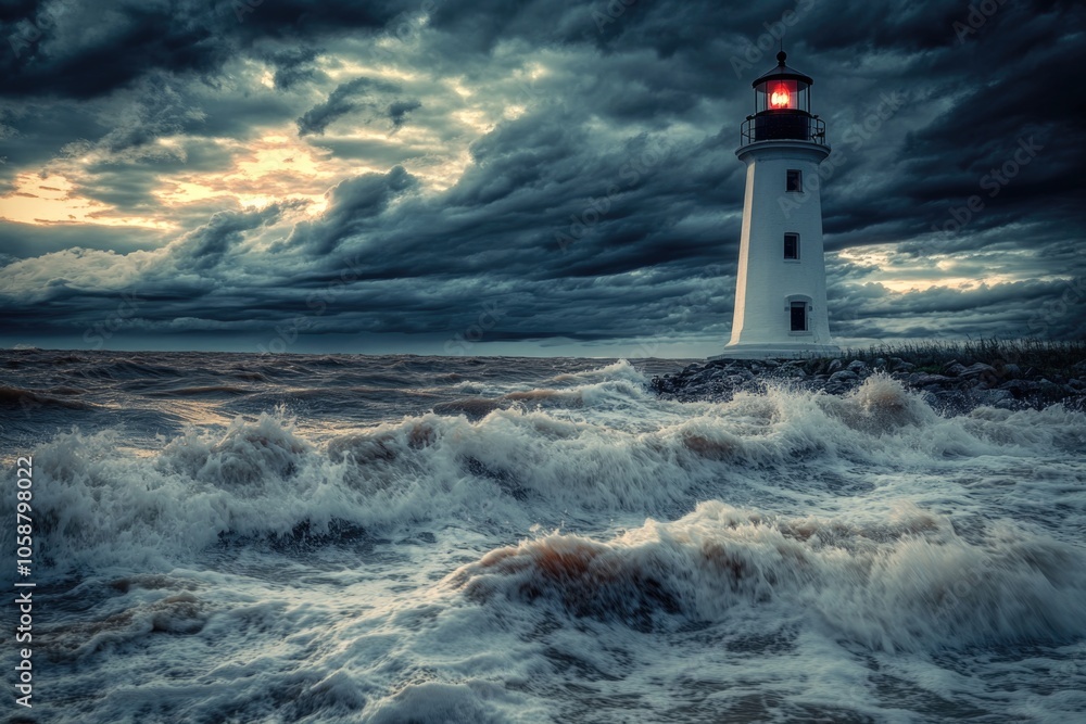 Obraz premium A beacon on a rugged coastline under grey skies