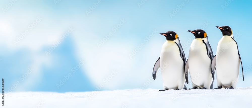 Naklejka premium Three penguins stand together on a snow-covered ground beneath a blue sky