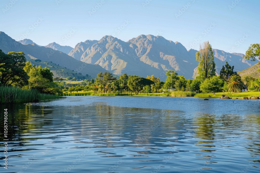 Fototapeta premium A serene lake scene with mountains visible in the distance